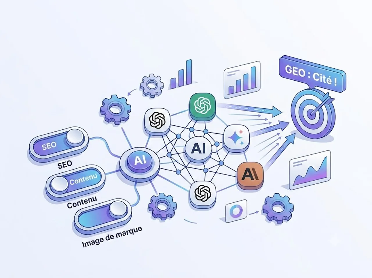 SEO, contenu et image de marque connectés à un réseau d'IA (ChatGPT, Gemini, Claude) menant à une citation : le principe du GEO